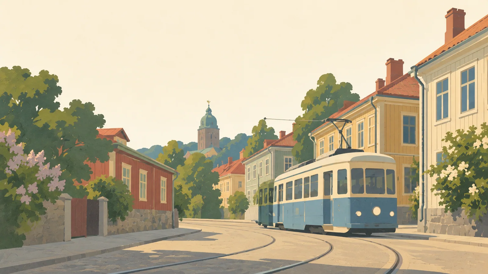 Flat gouache illustration of Gothenburg: A blue-and-cream Gothenburg tram rounding a Haga street corner among low timber houses.