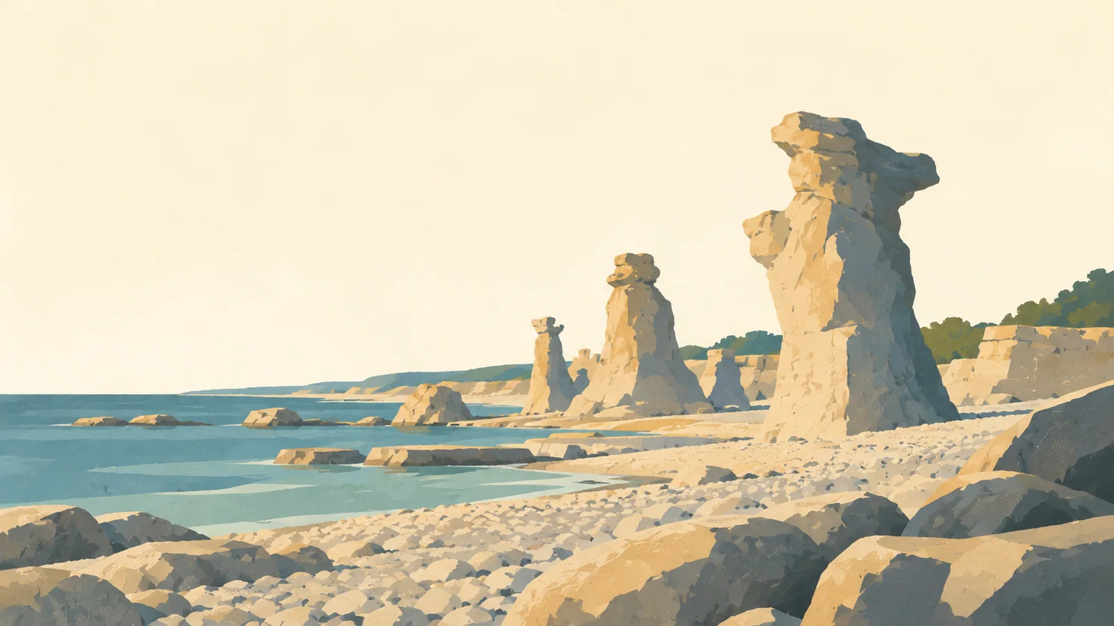 Flat gouache illustration of Gotland: Fårö's sculptural limestone rauk sea stacks on a broad pebble shore.