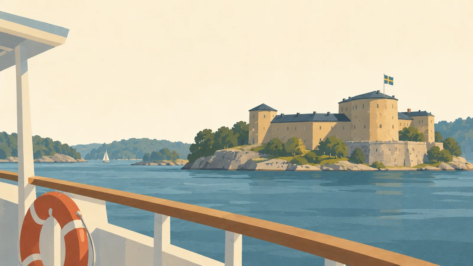 Flat gouache illustration of Stockholm archipelago: Vaxholm's ochre fortress on a low rocky island seen past a small archipelago ferry railing.