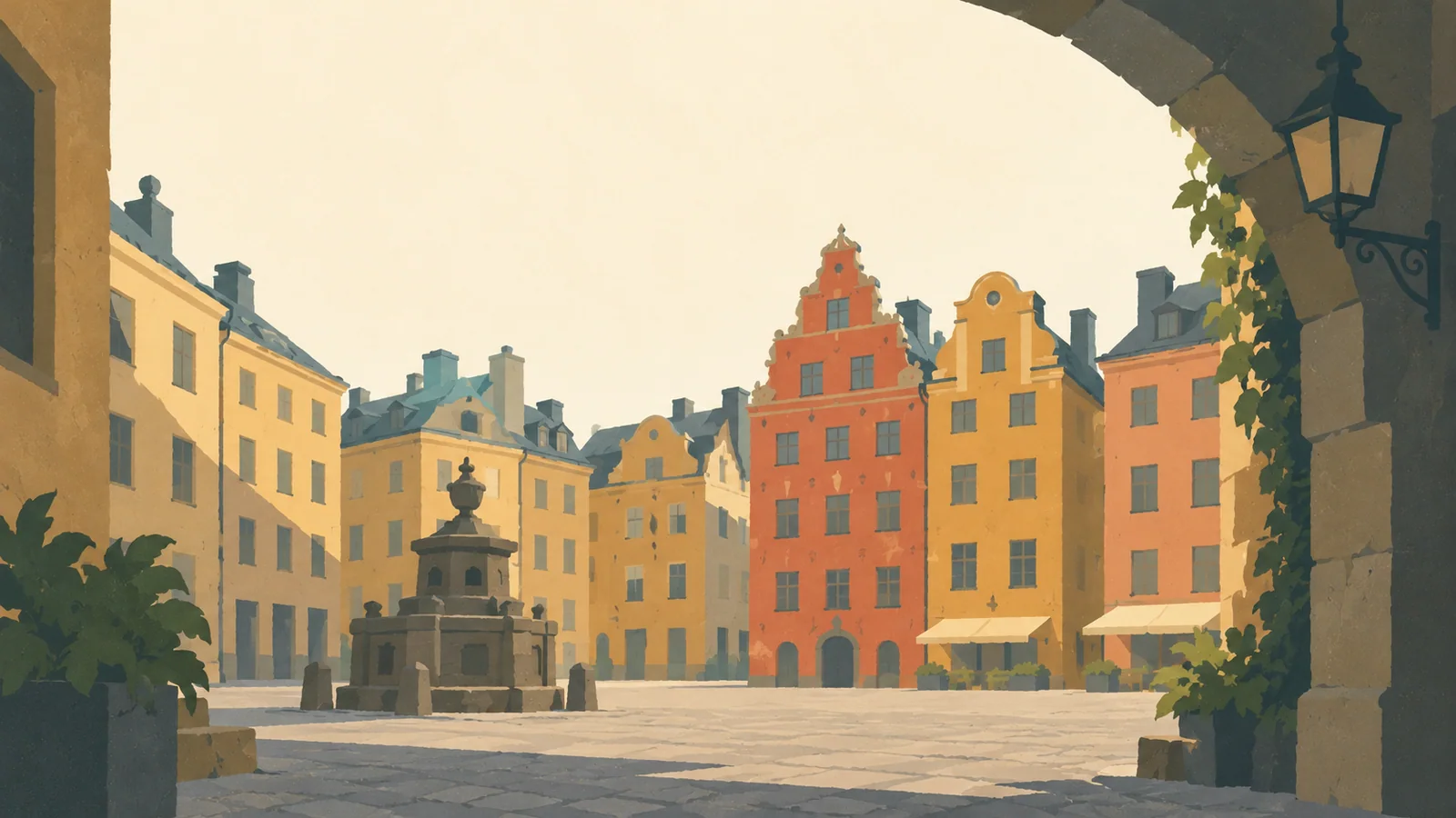 Flat gouache illustration of Stockholm: Stockholm's ochre and rust Stortorget townhouses around a quiet stone well.