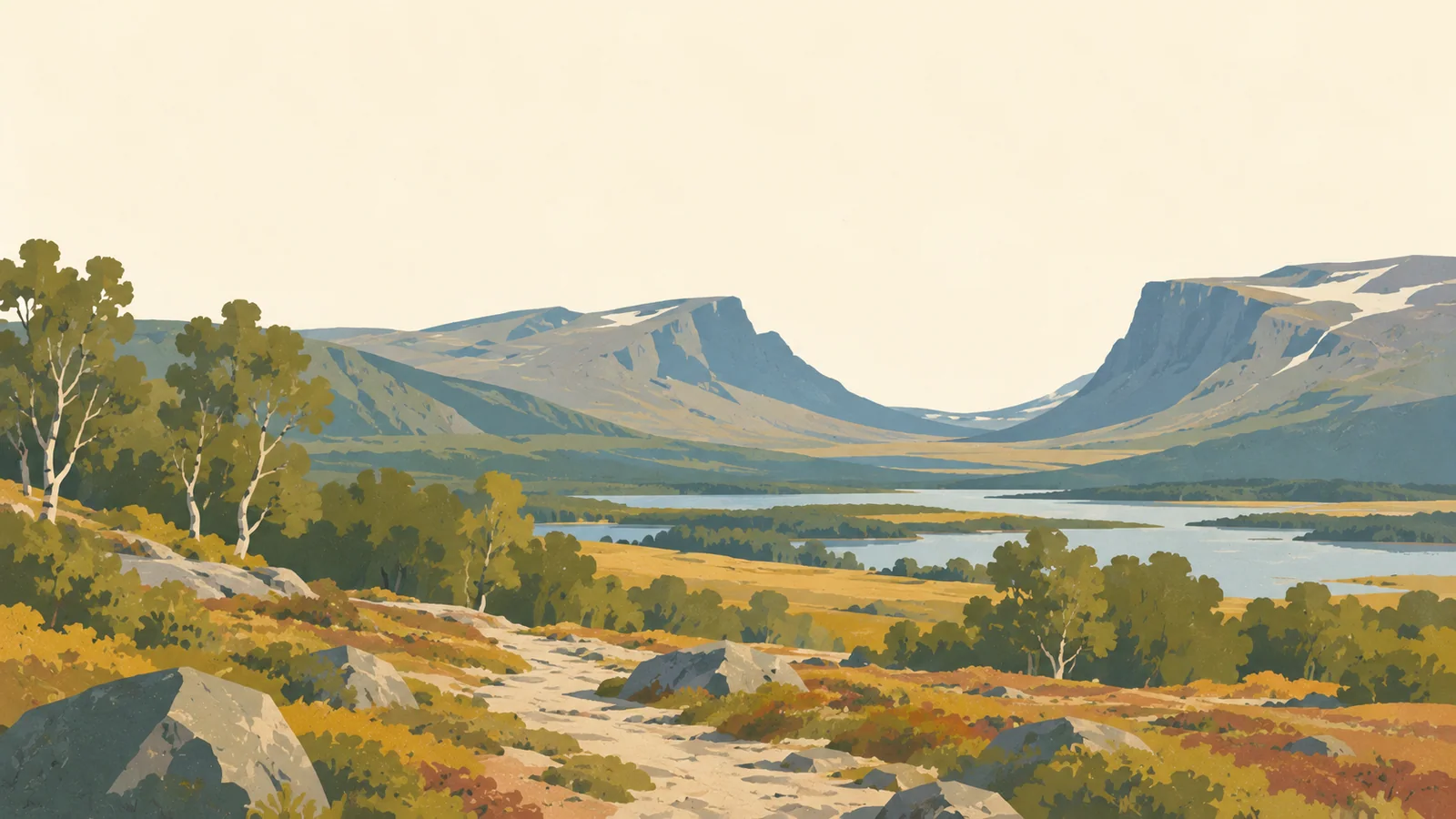 Flat gouache illustration of Swedish Lapland: Abisko's distinctive U-shaped Lapporten mountain valley beyond low birch woodland and broad golden tundra.