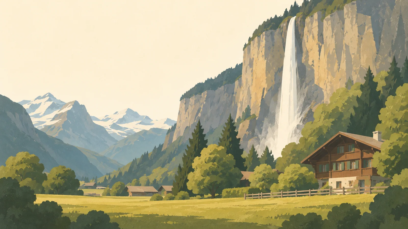 Flat gouache illustration of Bernese Oberland: Lauterbrunnen's Staubbach waterfall dropping from a sheer broad limestone cliff above a modest timber chalet and meadow.