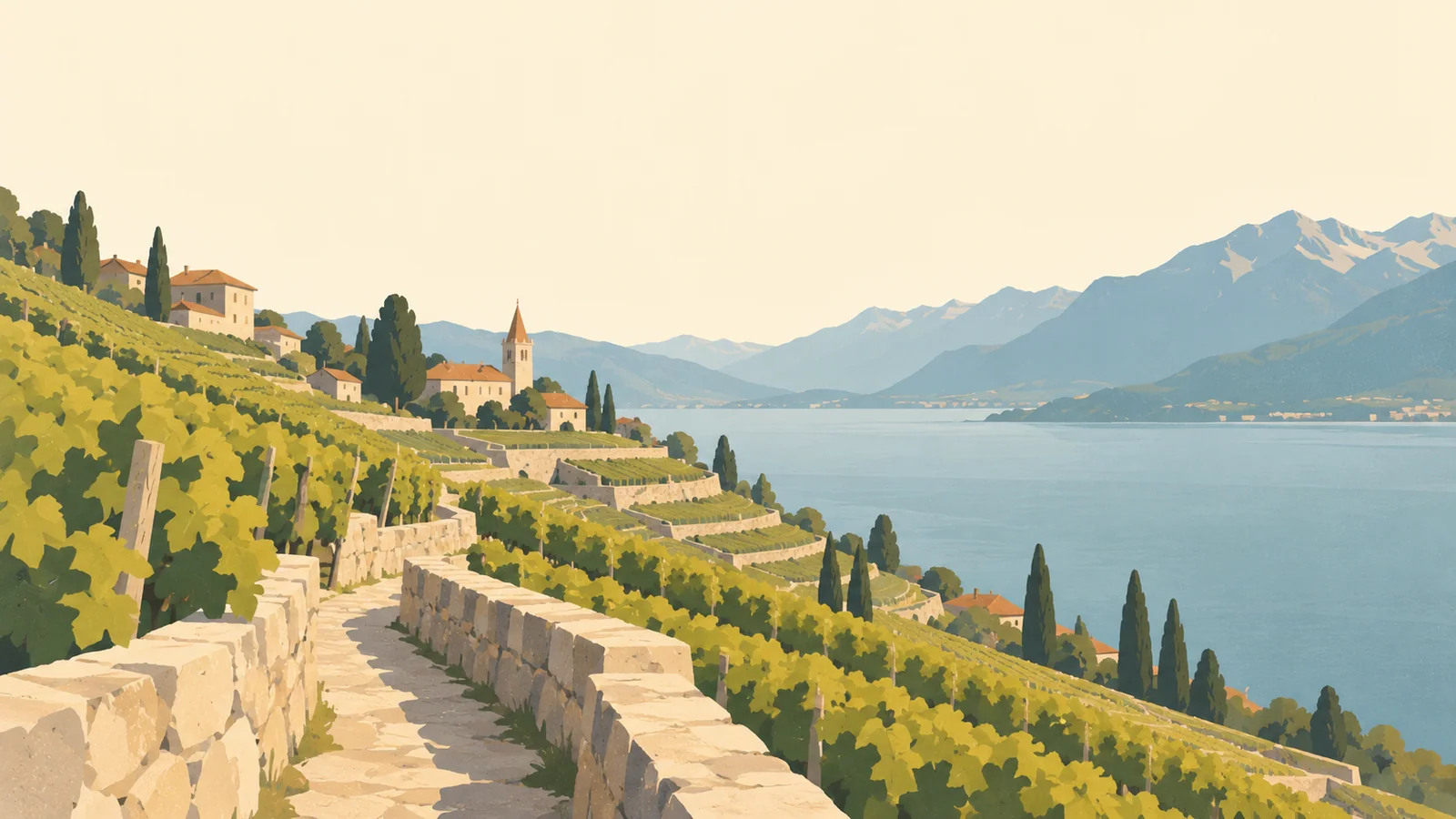 Flat gouache illustration of Lake Geneva: Lavaux's narrow stone vineyard path cutting diagonally through broad terraced vines above Lake Geneva.