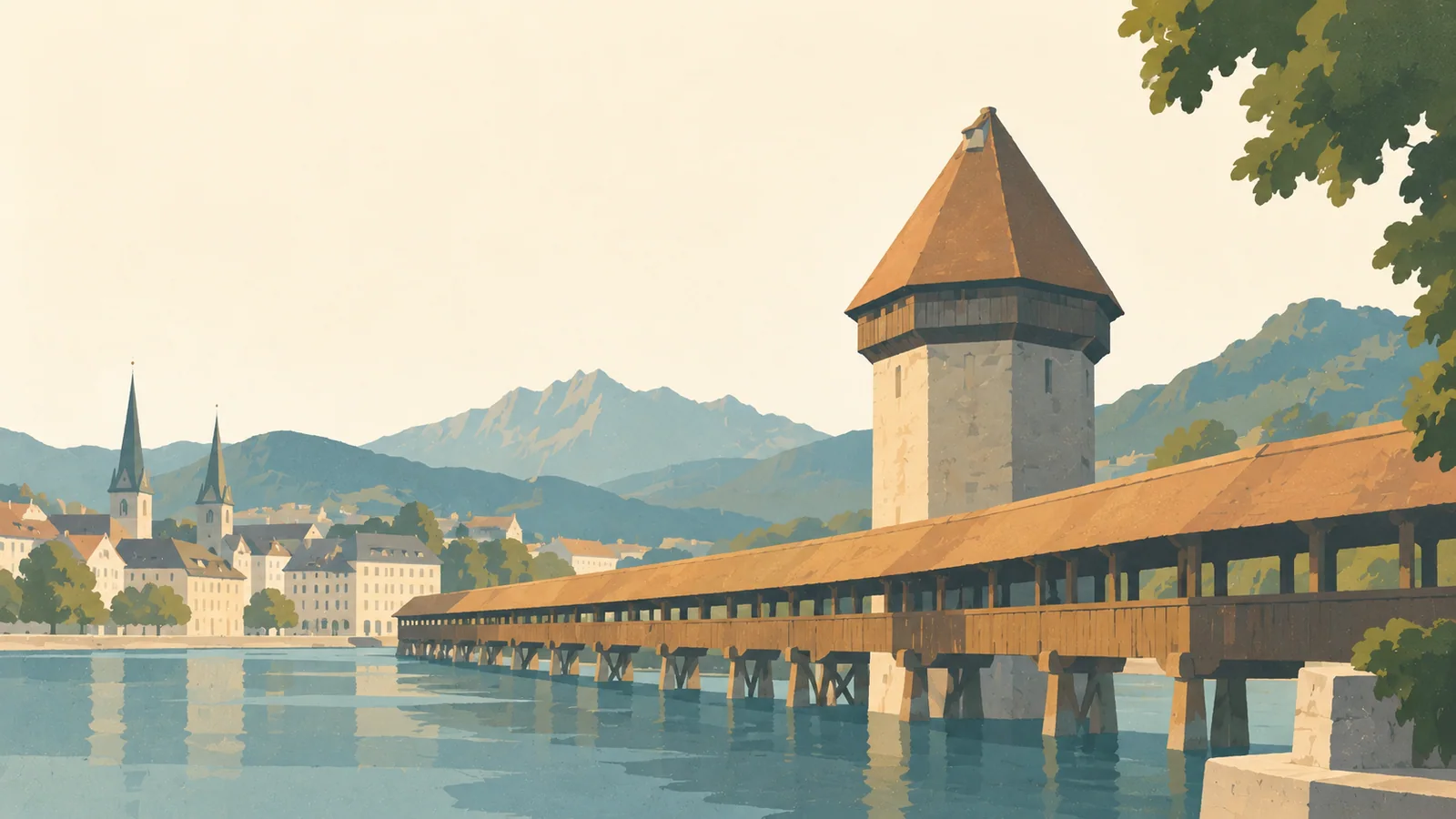 Flat gouache illustration of Lucerne: Lucerne's Chapel Bridge timber roof and octagonal Water Tower crossing diagonally through the scene.