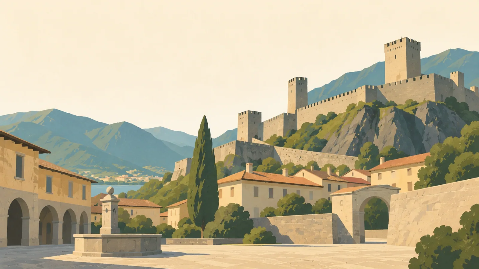Flat gouache illustration of Ticino: Bellinzona's Castelgrande towers above broad stone ramparts and a quiet old-town courtyard.