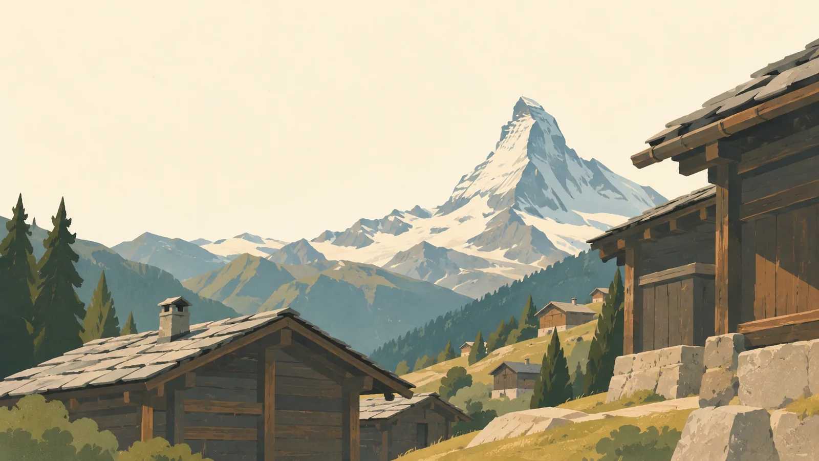 Flat gouache illustration of Zermatt: The Matterhorn's recognisable asymmetrical pyramid beyond weathered dark timber village barns.