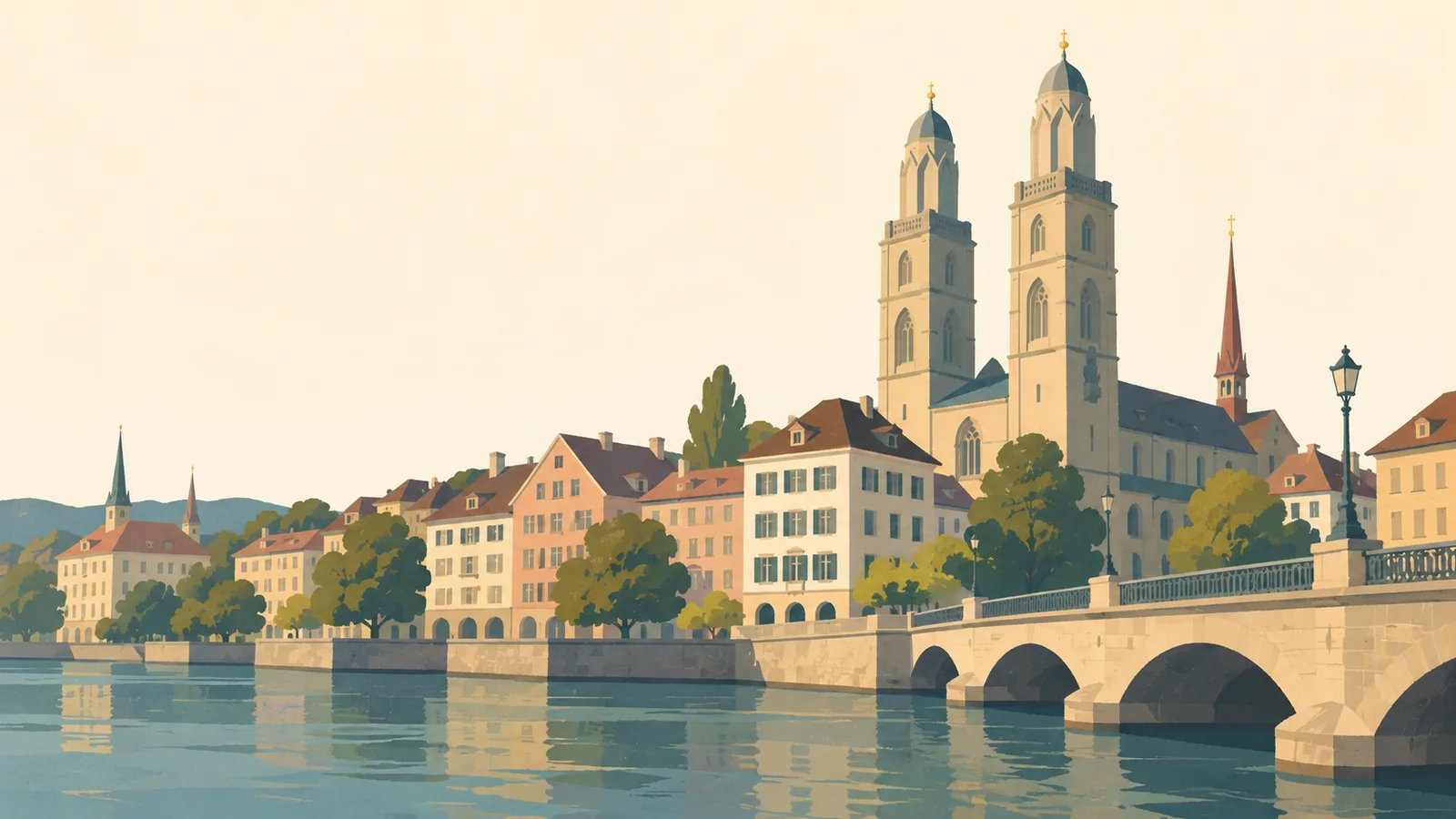 Flat gouache illustration of Zurich: Zürich's Grossmünster twin towers above a row of warm old-town facades beside the Limmat.
