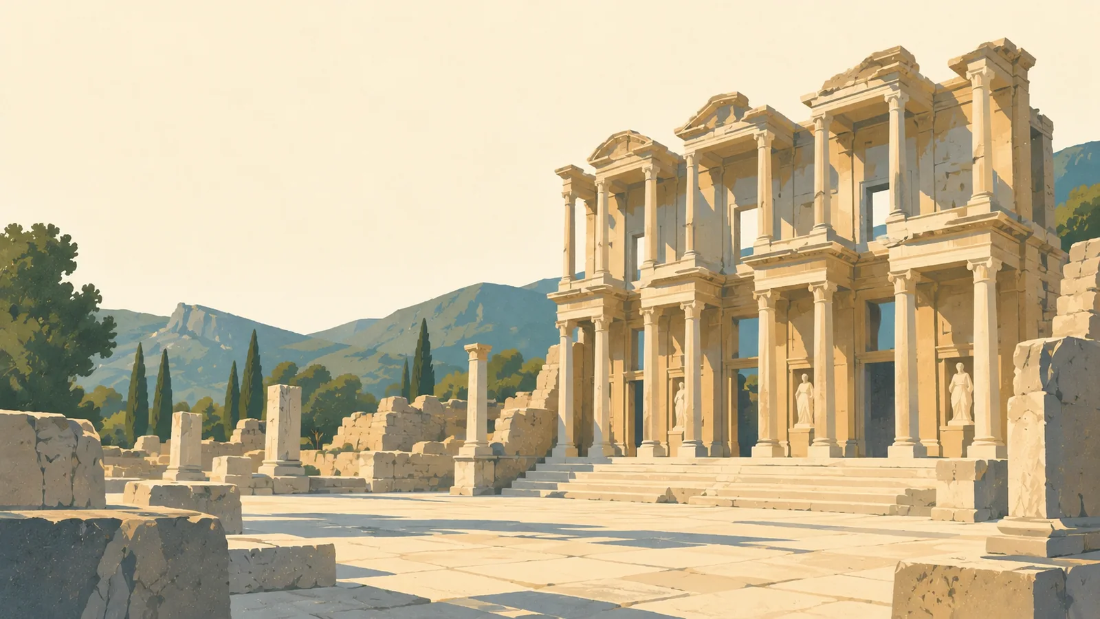 Flat gouache illustration of Aegean coast: Ephesus' Library of Celsus facade above broad pale marble paving.