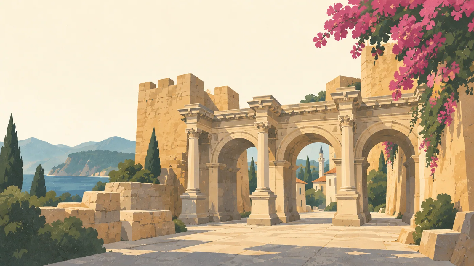 Flat gouache illustration of Antalya and the Lycian coast: Antalya's Hadrian's Gate framed by quiet ochre old-town walls and a single broad bougainvillea canopy.