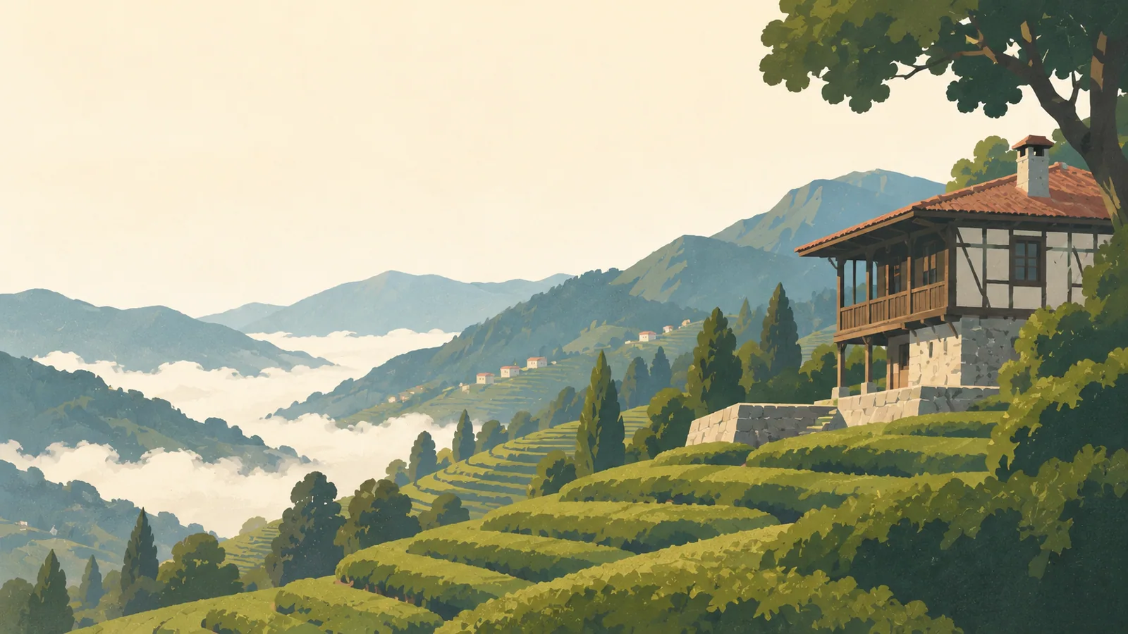 Flat gouache illustration of Black Sea east: A traditional timber highland house in Rize above broad diagonal tea-terrace bands, soft cloud low in the valley.