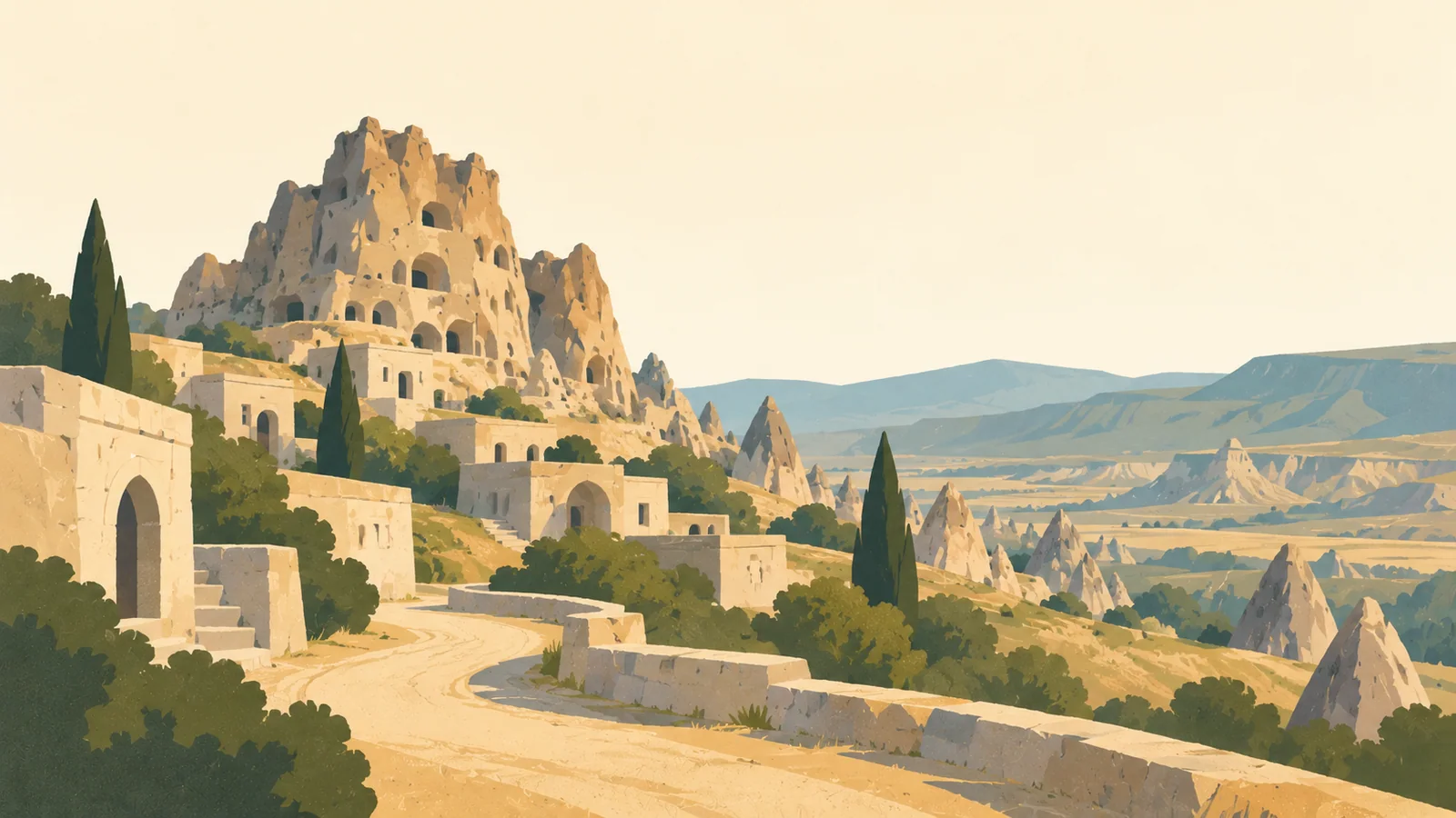 Flat gouache illustration of Cappadocia: Uçhisar's perforated volcanic rock citadel above simple cave-house shapes, viewed along a winding dusty lane.