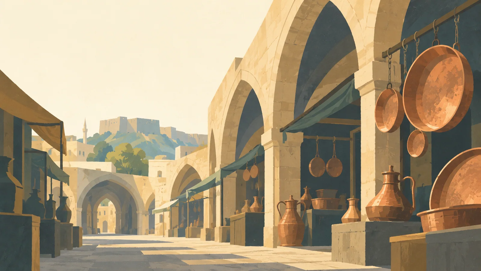 Flat gouache illustration of Gaziantep: Gaziantep's copper bazaar with broad arched stone vaults and a few large hanging copper pans.