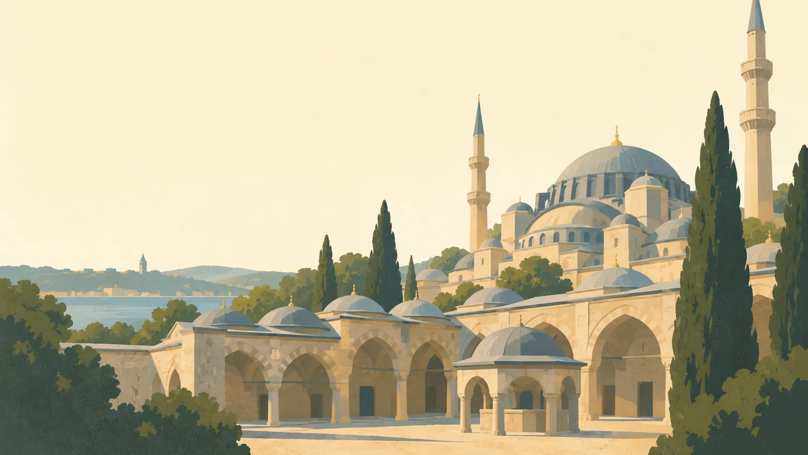 Flat gouache illustration of Istanbul: Istanbul's Süleymaniye Mosque domes above a quiet old courtyard arcade with a few broad cypress silhouettes.