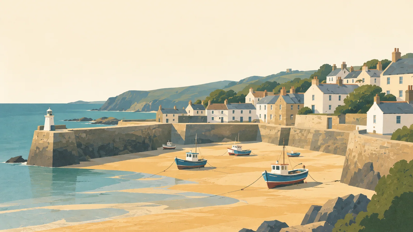 Flat gouache illustration of Cornwall: St Ives' compact fishing harbour with a few grounded boats on exposed golden sand and whitewashed cottages.