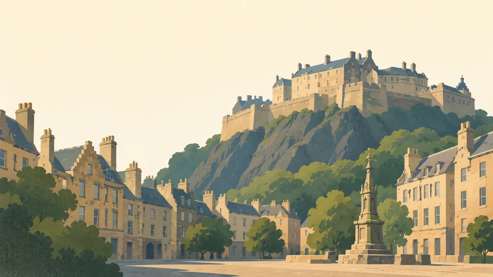 Flat gouache illustration of Edinburgh: Edinburgh Castle on its dark volcanic rock above a quiet Grassmarket corner.