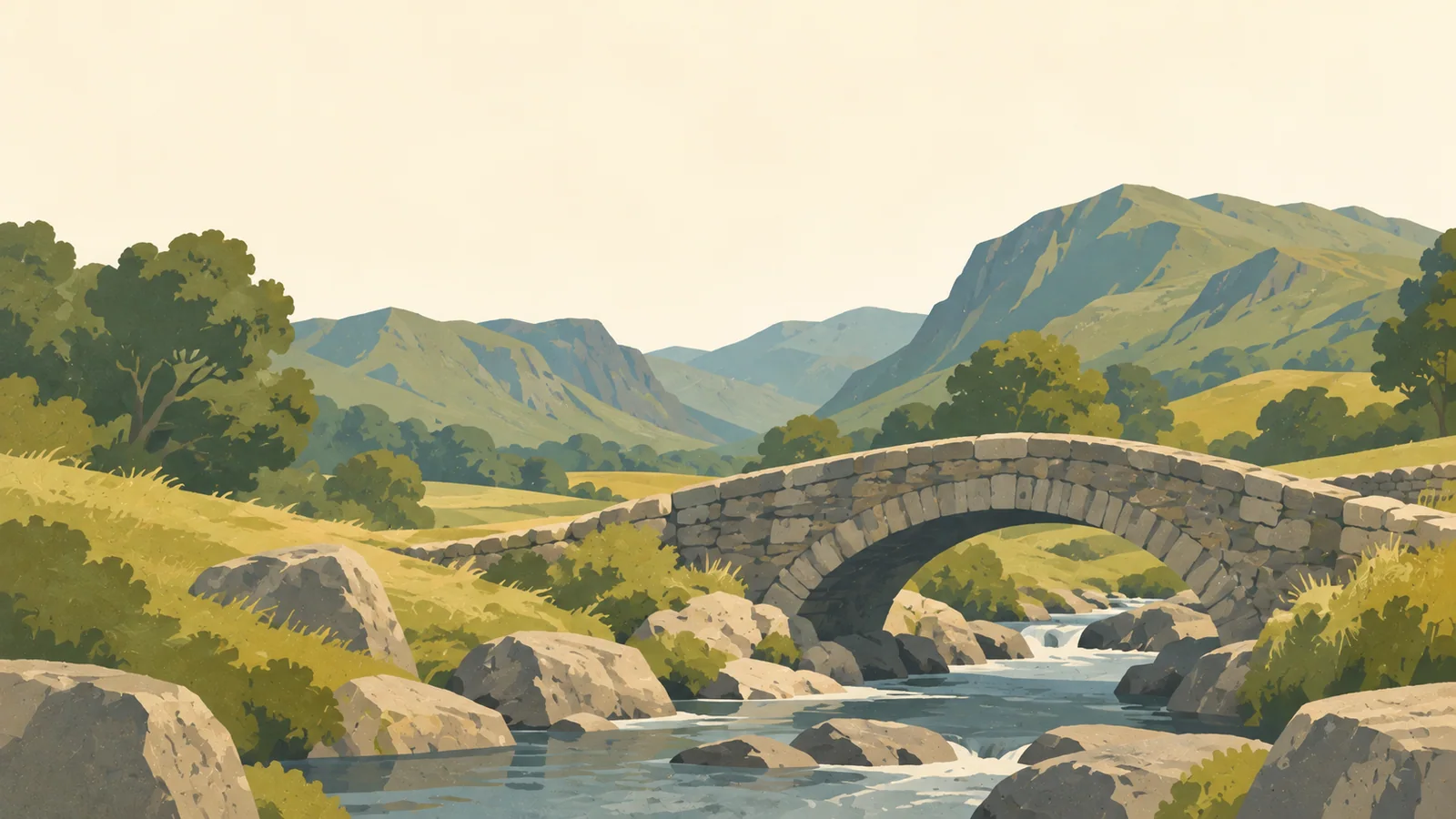 Flat gouache illustration of Lake District: A small dry-stone bridge over a narrow Borrowdale beck with broad green fells behind.