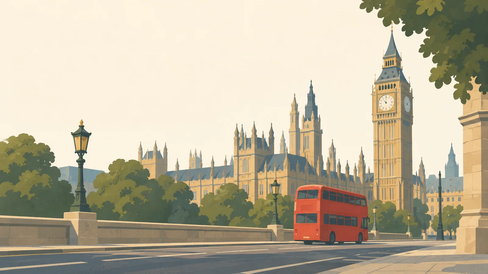 Flat gouache illustration of London: London's red double-decker bus passing a Westminster stone streetscape with Elizabeth Tower beyond.