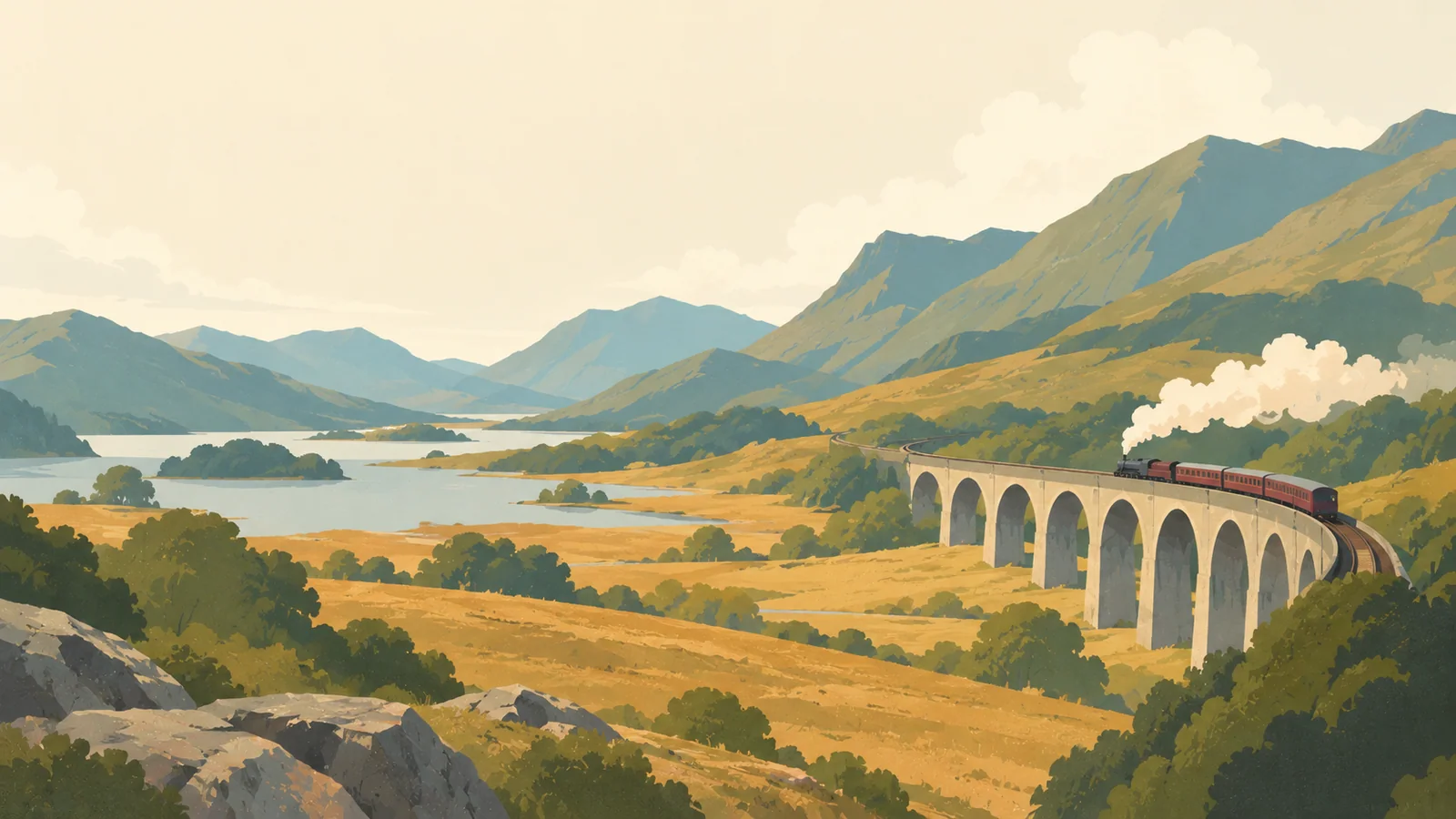 Flat gouache illustration of Scottish Highlands: Glenfinnan's curved stone railway viaduct crossing a broad tawny glen.