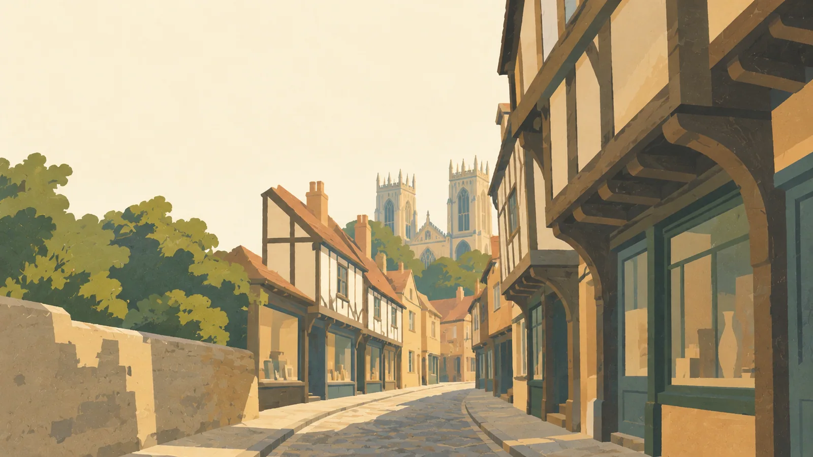Flat gouache illustration of York: York's Shambles with overhanging timber buildings and a narrow gently bending cobbled lane.