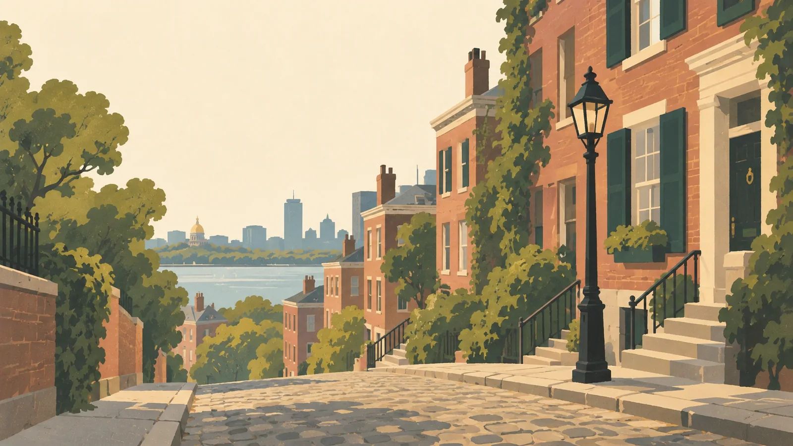 Flat gouache illustration of Boston: Boston's Beacon Hill brick row houses and a single black iron streetlamp beside a steep cobbled lane.