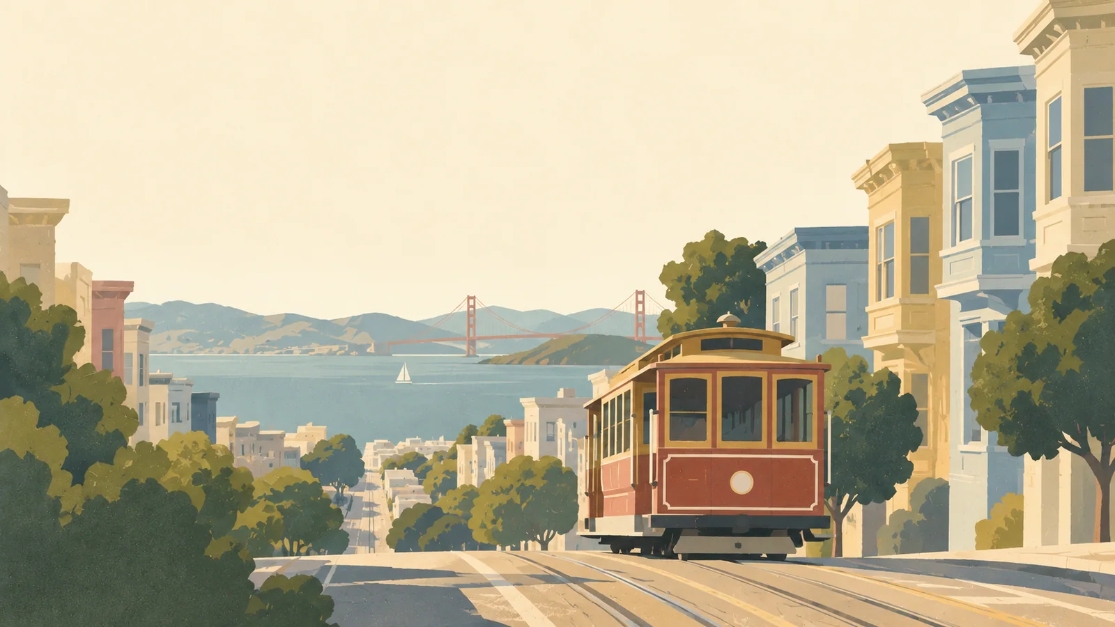 Flat gouache illustration of California: San Francisco's iconic cable car on a steep quiet street with pastel bay-window houses and a thin distant bay strip.