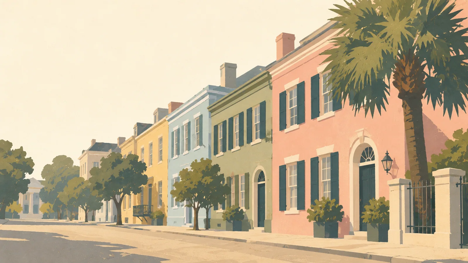 Flat gouache illustration of Charleston: Charleston's Rainbow Row pastel Georgian houses with one broad palmetto and a simple iron gate.