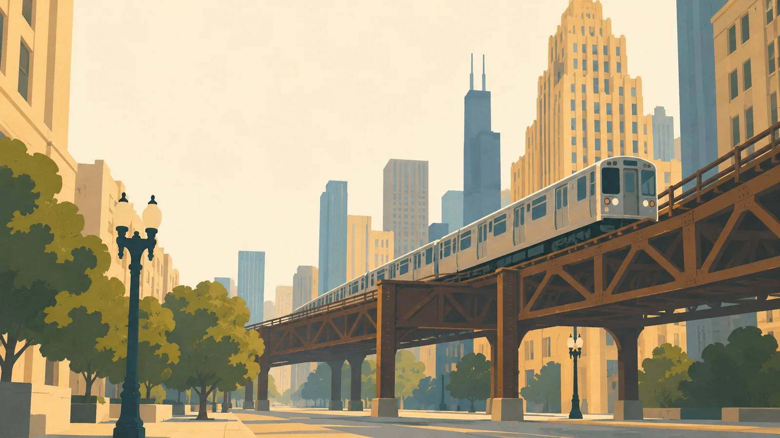 Flat gouache illustration of Chicago: Chicago's elevated steel railway crossing a quiet Loop street with broad Art Deco tower facades.