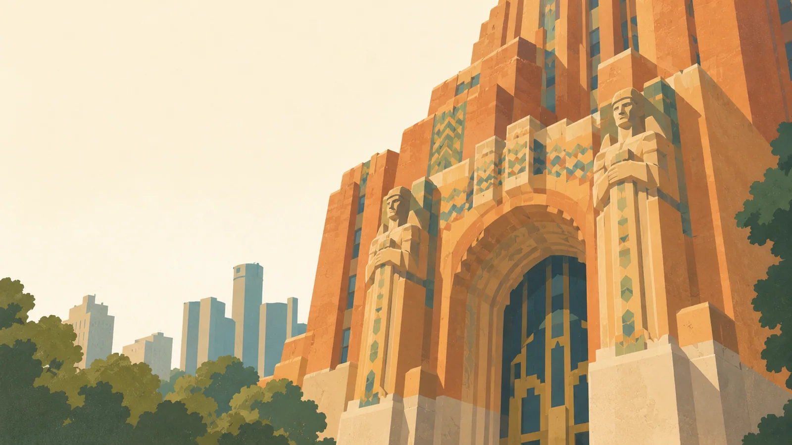 Flat gouache illustration of Detroit: Detroit's Guardian Building bold orange-brick Art Deco entrance and simplified geometric tile bands.