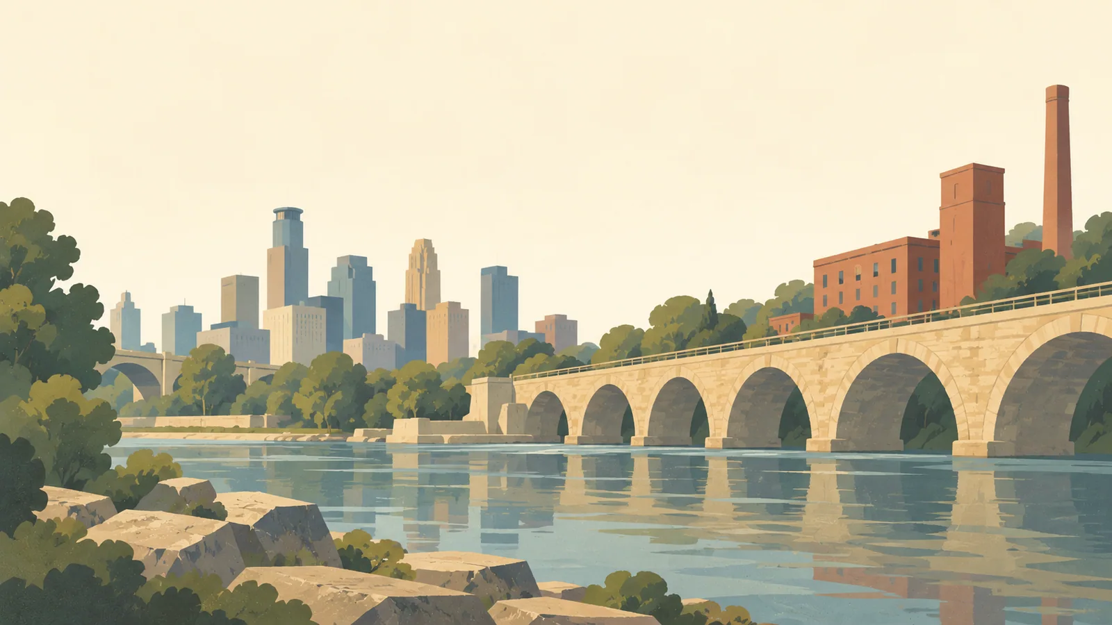 Flat gouache illustration of Minneapolis: Minneapolis' Stone Arch Bridge broad limestone arches beside a low red-brick mill remnant.