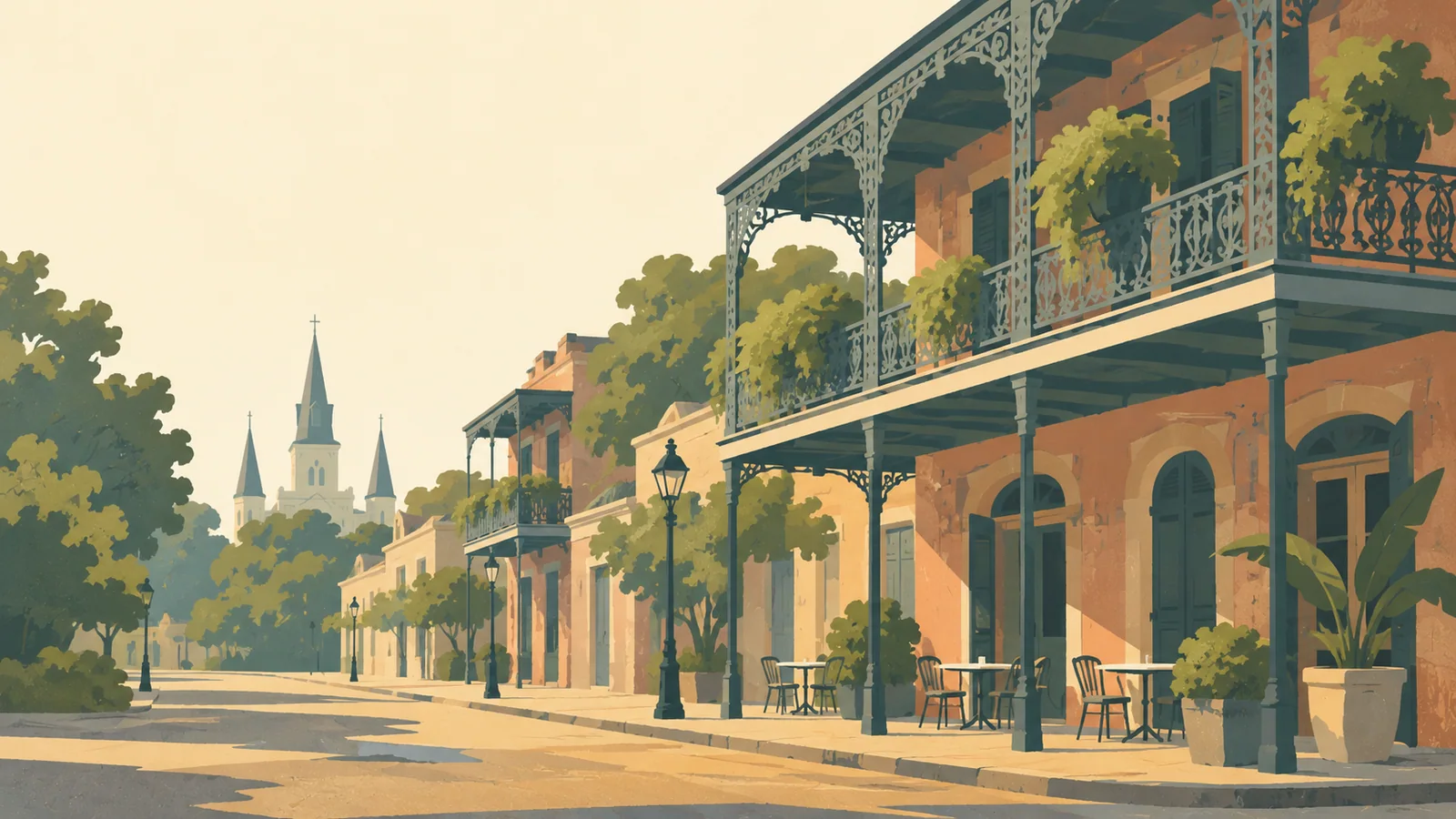 Flat gouache illustration of New Orleans: New Orleans' French Quarter wrought-iron gallery shaded above a quiet ochre street corner and small café tables.