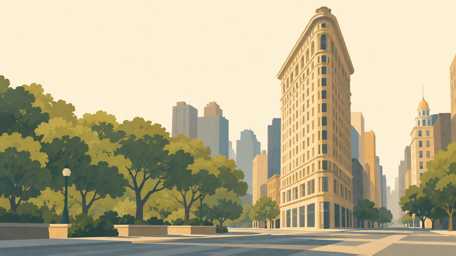 Flat gouache illustration of New York City: New York's Flatiron Building wedge rising above a quiet triangular street corner and broad plane-tree canopy.