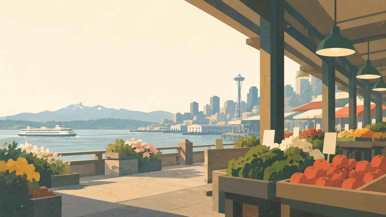 Flat gouache illustration of Pacific Northwest: Seattle's Pike Place Market covered arcade with broad produce stalls and a restrained distant Elliott Bay opening.