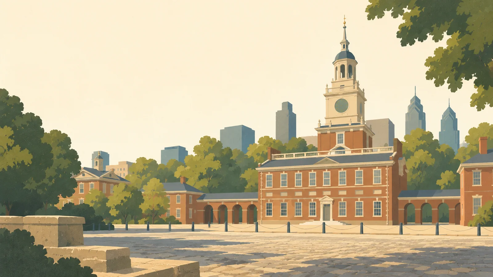 Flat gouache illustration of Philadelphia: Philadelphia's Independence Hall red-brick facade and pale clock tower across a quiet cobbled forecourt.