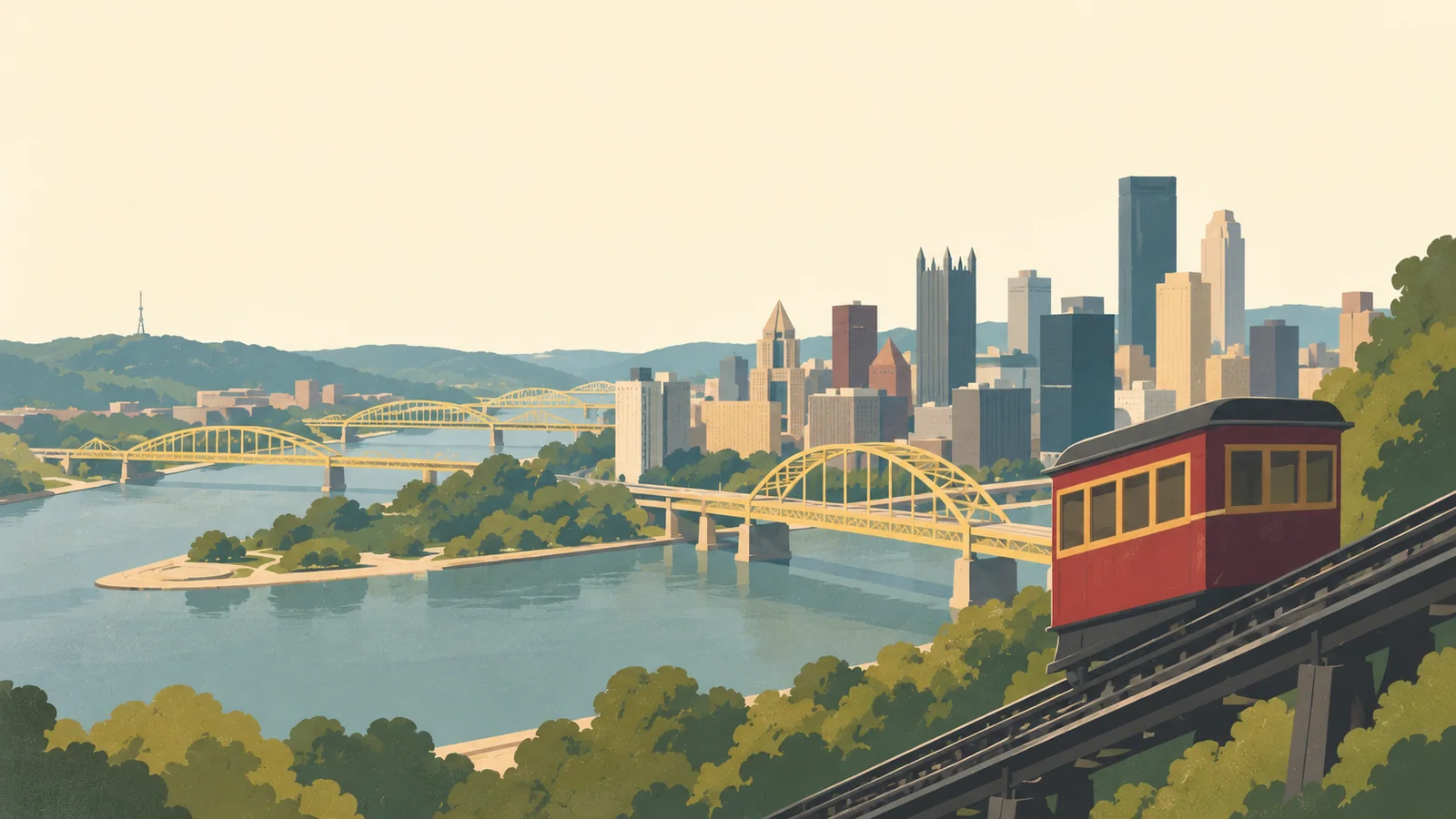 Flat gouache illustration of Pittsburgh: Pittsburgh's Duquesne incline car climbing a steep track above broad simple river-and-bridge shapes.