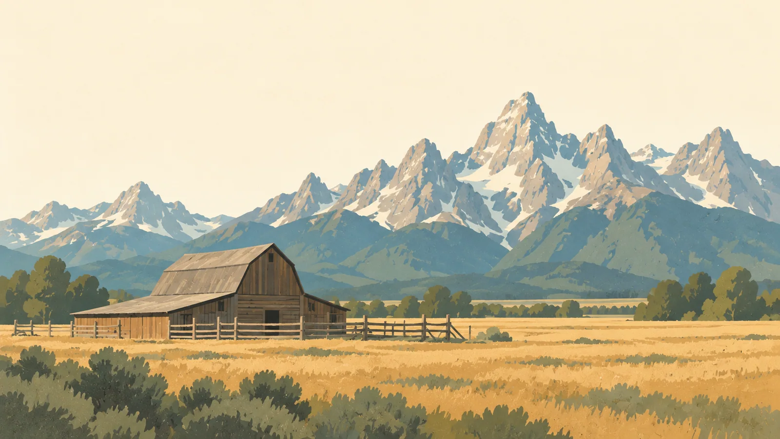 Flat gouache illustration of Rocky Mountains: Grand Teton's sharply peaked ridge beyond a modest weathered wooden barn and a broad golden meadow.