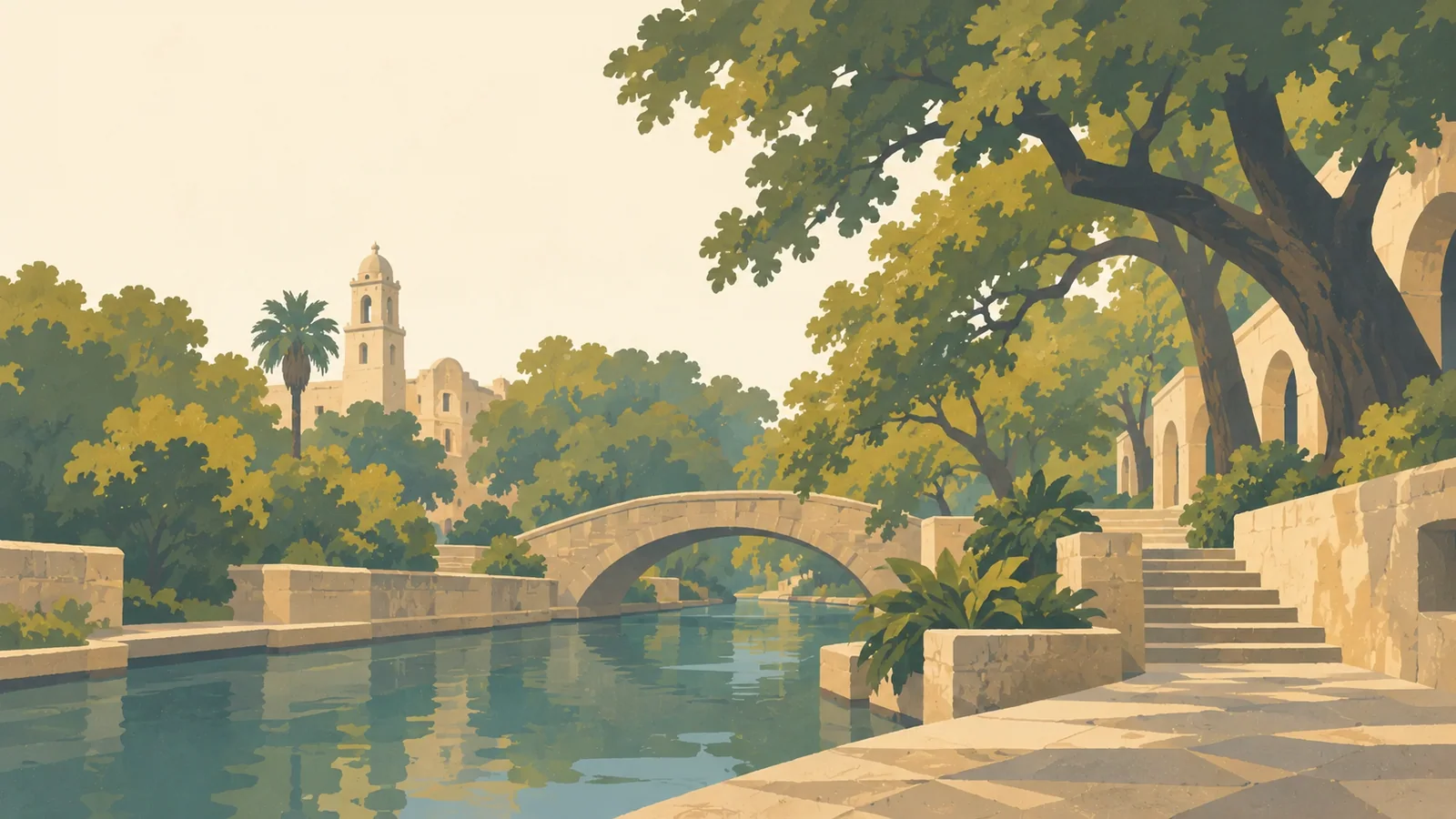 Flat gouache illustration of San Antonio: San Antonio's River Walk stone steps and small arched bridge beneath a broad cypress canopy.