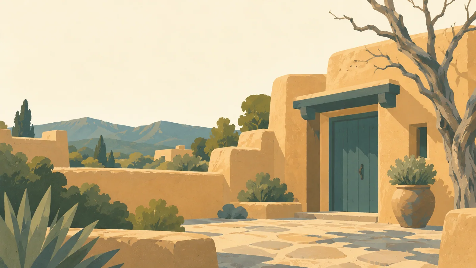 Flat gouache illustration of Santa Fe: Santa Fe's warm adobe walls, deep teal wooden door and one sculptural dried tree beside a quiet courtyard.