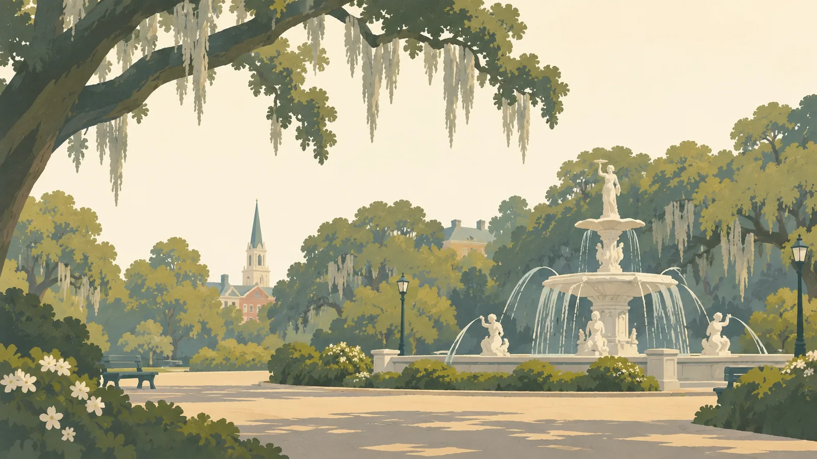 Flat gouache illustration of Savannah: Savannah's Forsyth Park fountain below broad live-oak branches with restrained hanging Spanish moss.