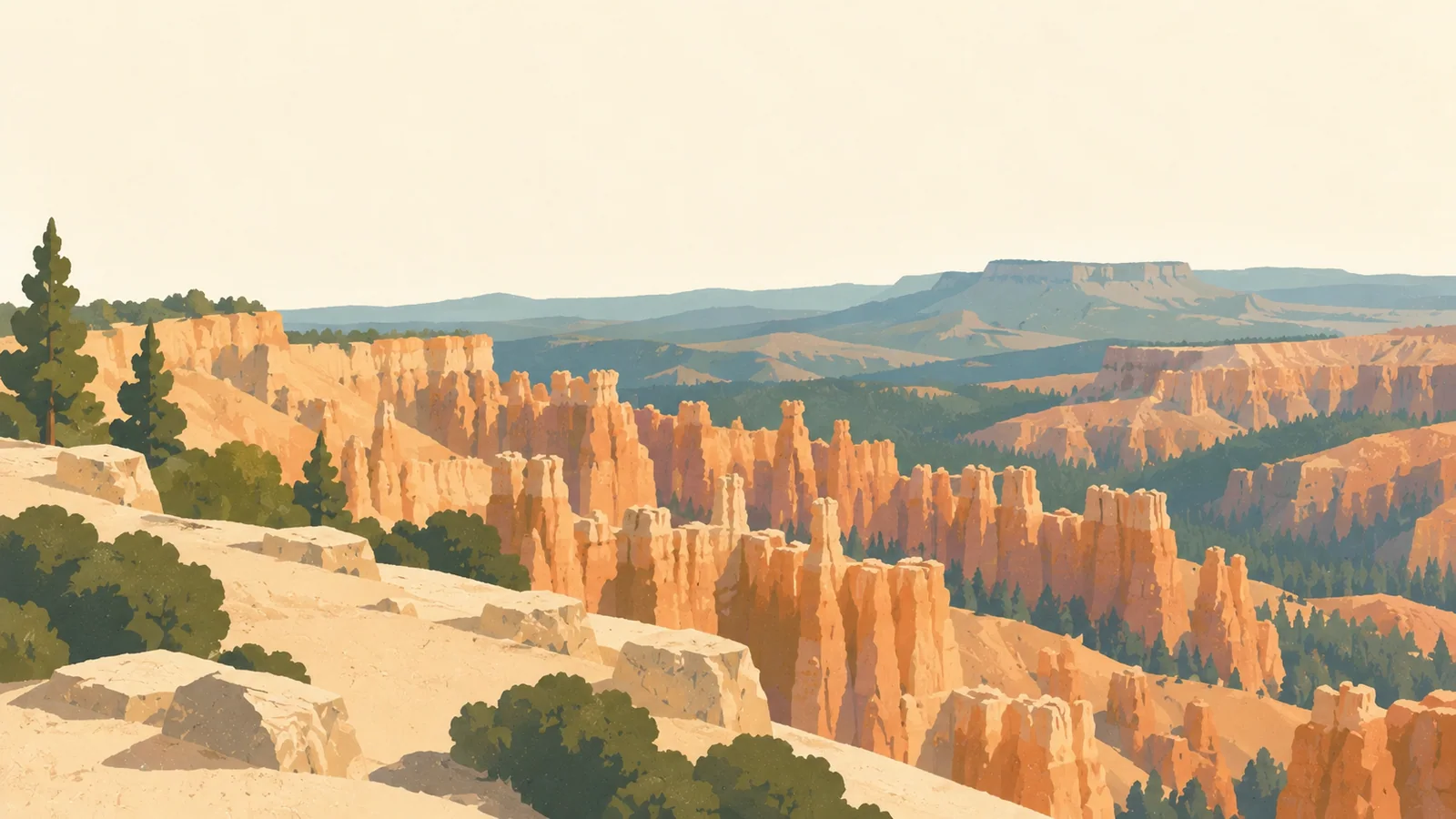 Flat gouache illustration of Southwest national parks: Bryce Canyon's clustered orange hoodoos seen from a broad pale rim trail.