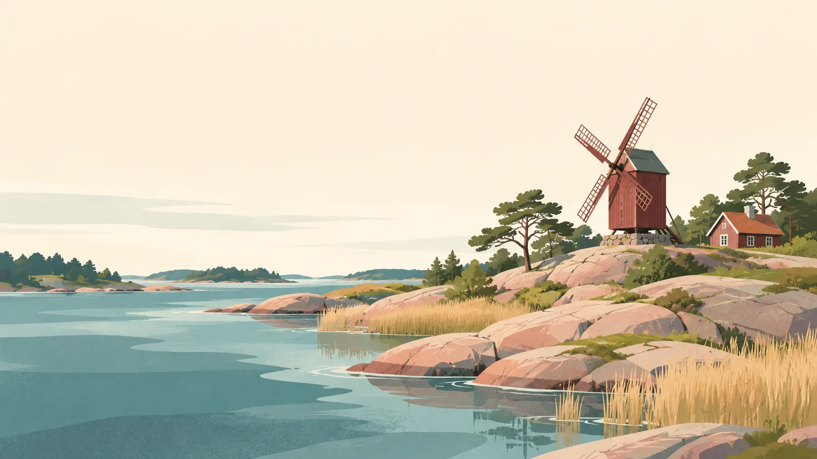 Editorial illustration of The Åland Islands: a red timber windmill and a small cottage on pink granite beside a quiet Baltic inlet, sparse pines, reed beds and pale northern sky.