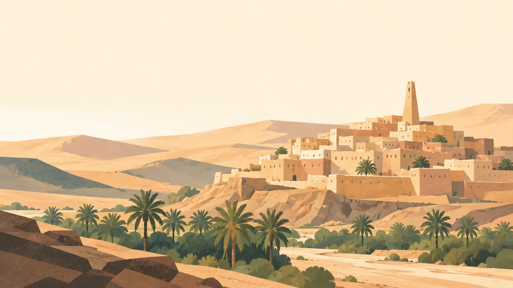 Editorial illustration of Algeria's M'zab valley: one ochre fortified hill village around a tapering minaret, terraced sand-coloured homes and a small date-palm grove against quiet Sahara dunes.