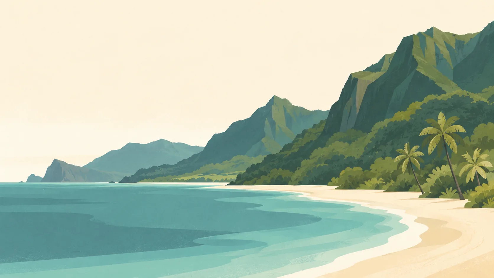 Editorial illustration of American Samoa's Ofu coast: a long quiet pale beach beneath steep lush-green volcanic ridges, one small palm cluster and calm muted teal water.