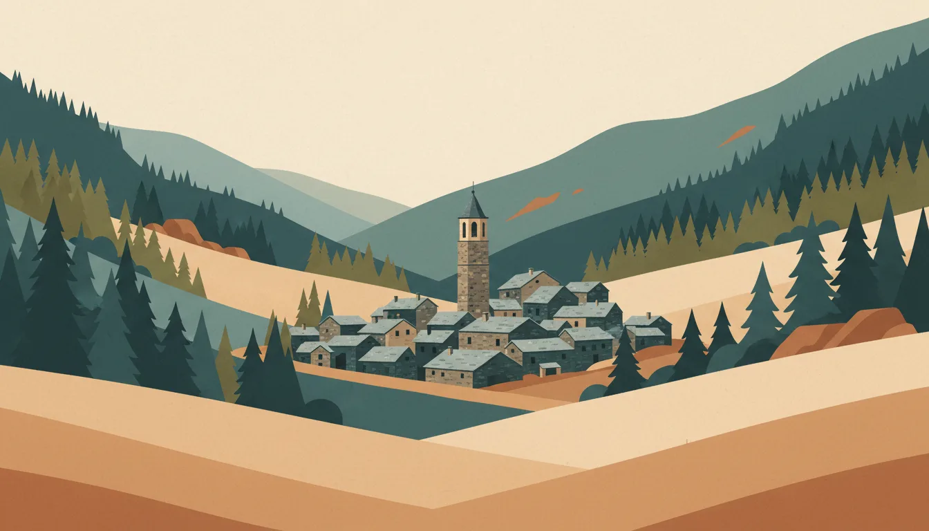 Editorial illustration of ordino: a stone village with slate roofs in a high Pyrenean valley, pine slopes and one Romanesque bell tower.