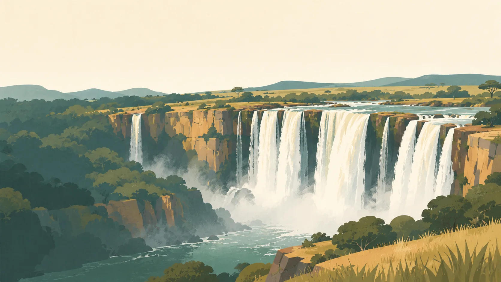 Editorial illustration of Angola's Kalandula Falls, a broad horseshoe of white water descending over ochre rock into a deep-green gorge.
