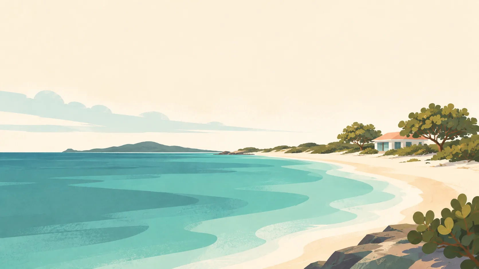 Editorial illustration of Anguilla's Shoal Bay: a very low island shore with pale sand, muted turquoise shallows, a single modest beach house and two sea-grape trees.