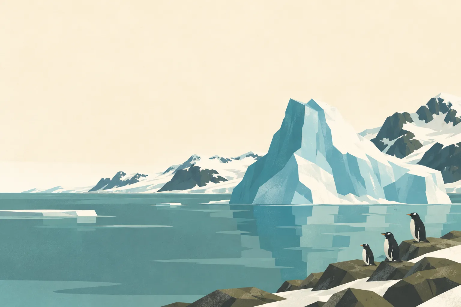 Editorial illustration: Antarctic Peninsula: one sculptural blue-white iceberg in calm muted teal water, distant snowy black mountains, three tiny gentoo penguins on a rocky foreground shore. No buildings or trees.