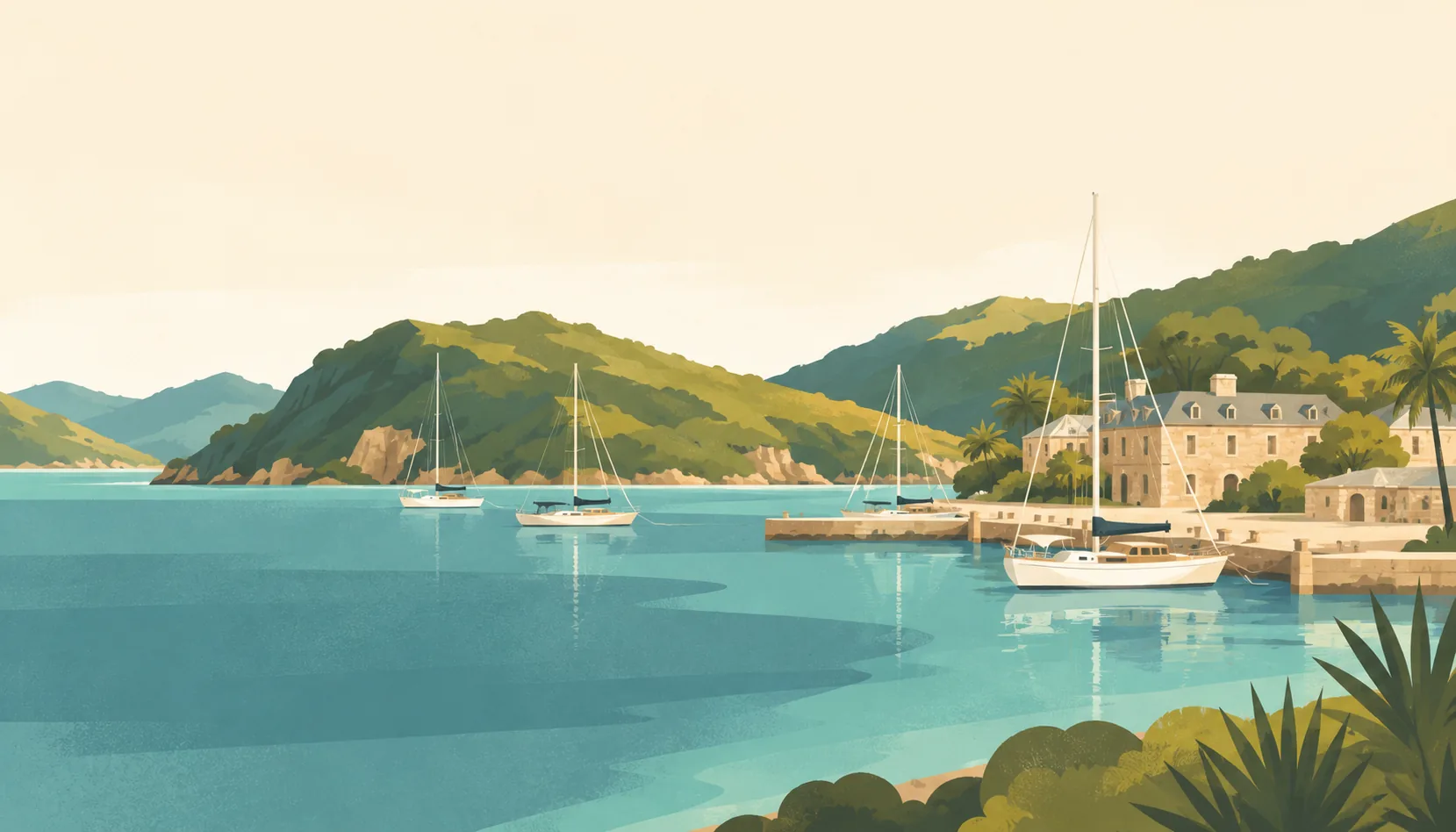 Editorial illustration of Antigua's Nelson's Dockyard at English Harbour, one restored warm-stone Georgian warehouse and a few simple sailboats against sheltered muted turquoise water and dry green hills.