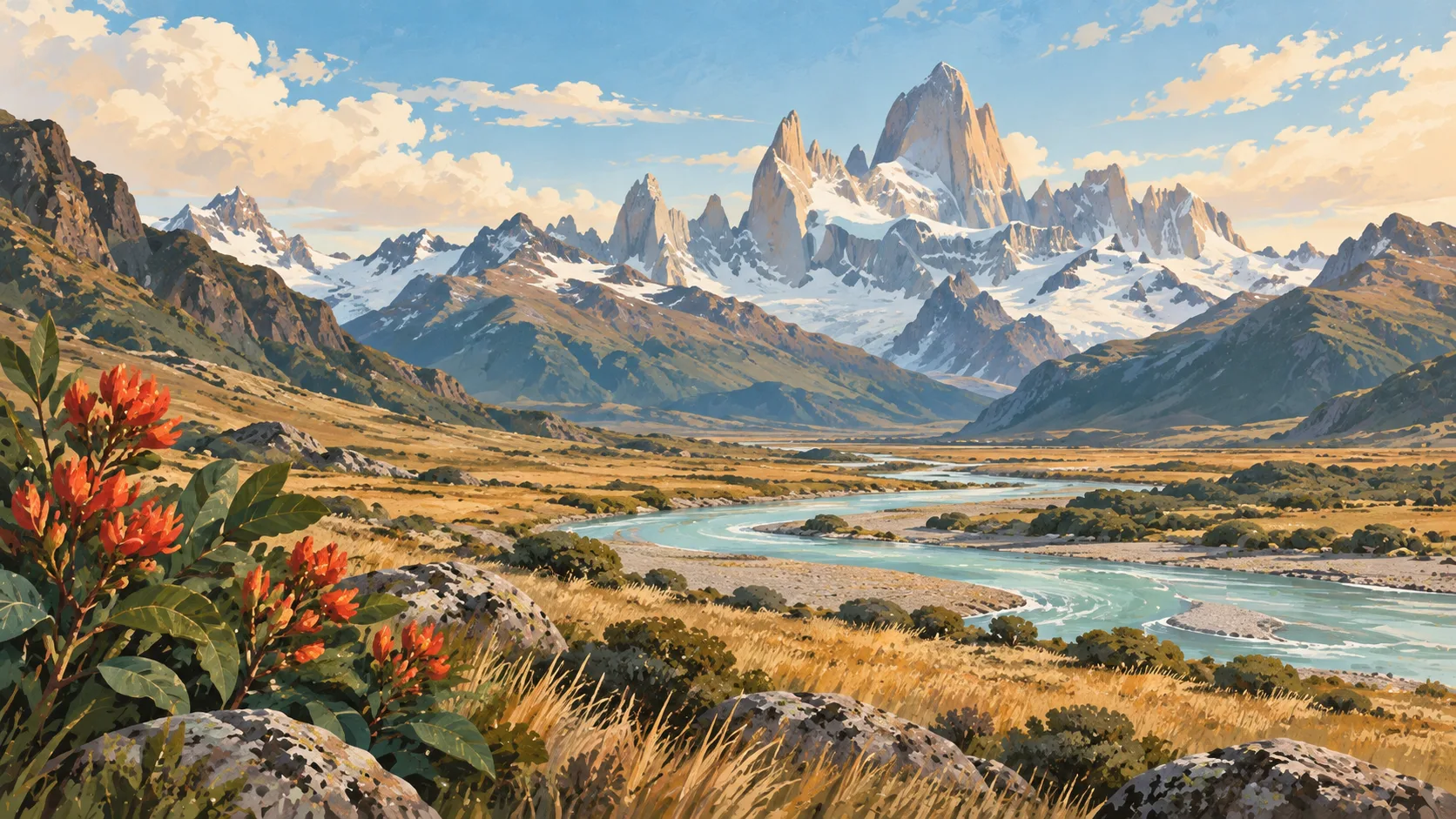 Editorial illustration of Mount Fitz Roy above a Patagonian river valley, tawny steppe and red notro flowers.