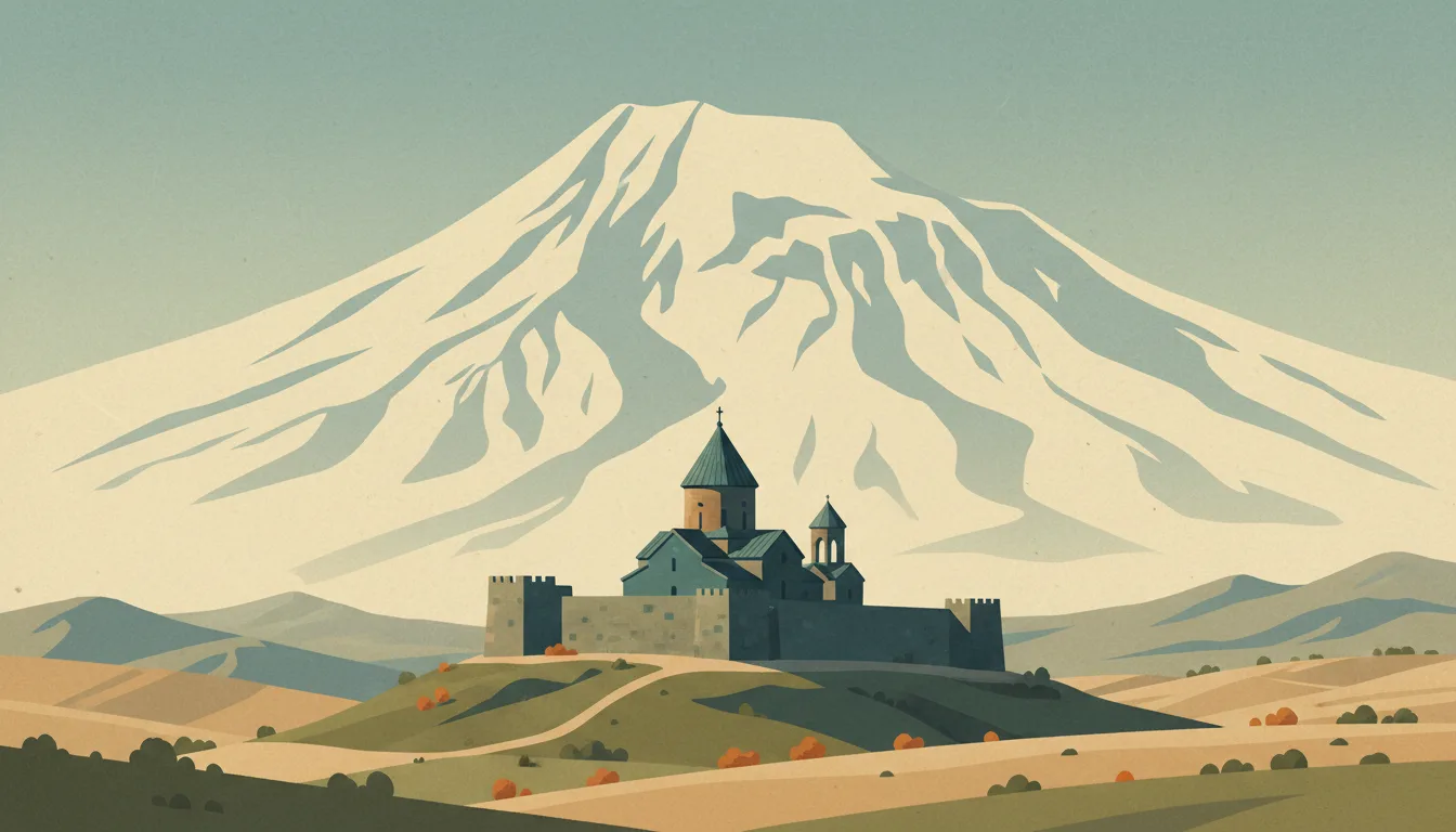 Editorial illustration of khor Virap: the small monastery on its hillock with snow-capped Ararat filling the sky behind.