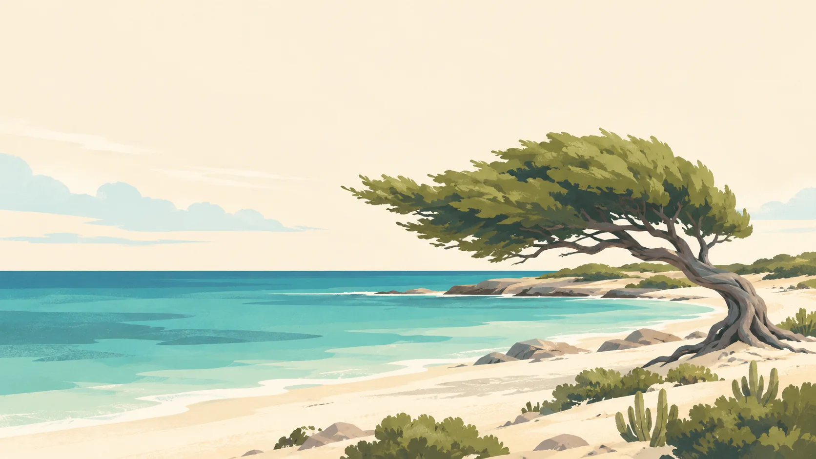 Editorial illustration of Aruba's western coast: one windswept divi-divi tree leaning over pale sand, low dry scrub and a quiet turquoise Caribbean sea.